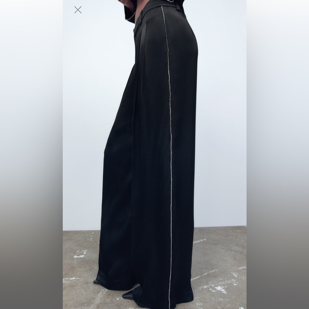 Black satin trousers with rhinestone side panel - Picture 2 of 4